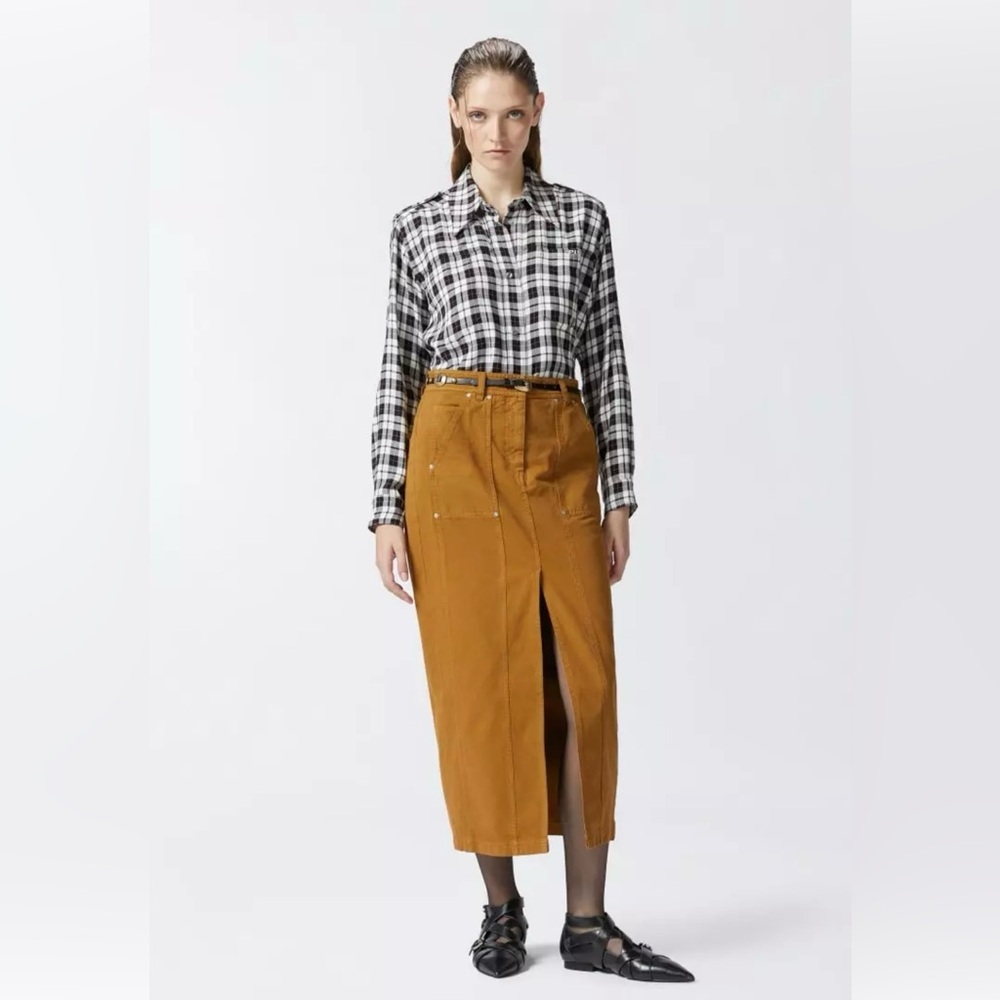 Pinko Long cotton denim workwear skirt in bronze‎ Size 8 EUC